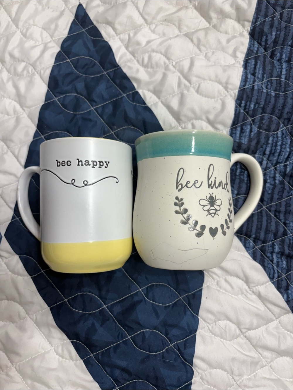 Bee Happy & Bee Kind Ceramic Mugs - Yellow and Teal Accent